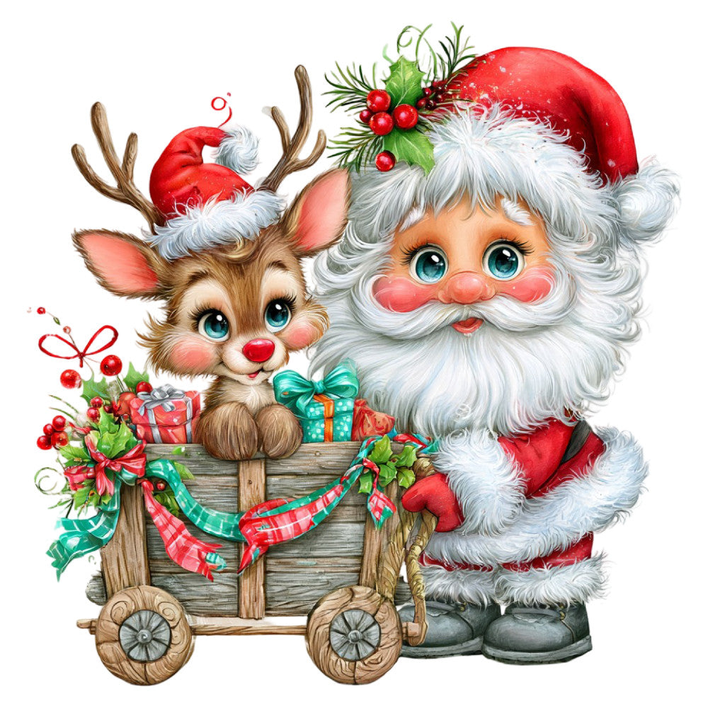 santa claus, reindeer, christmas, holiday, festive, whimsical, vintage, red, white, green, gold, holly berries, gift boxes, wooden cart, rustic, traditional, nostalgic, jolly, winter, seasonal, children's, cute animals, retro style, rosy cheeks, bell accents, ribbon bows, plaid, decorative, cheerful