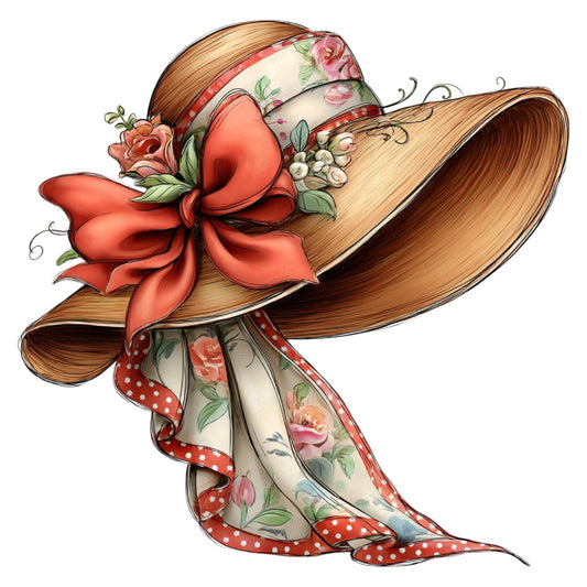 coral red, cream, tan, straw, floral, roses, vintage, whimsical, elegant, traditional, spring, summer, garden, botanical, hat, ribbon, bow, polka dots, red and white, romantic, cottage, feminine, decorative, nature-inspired, classic, charming, illustration, detailed print