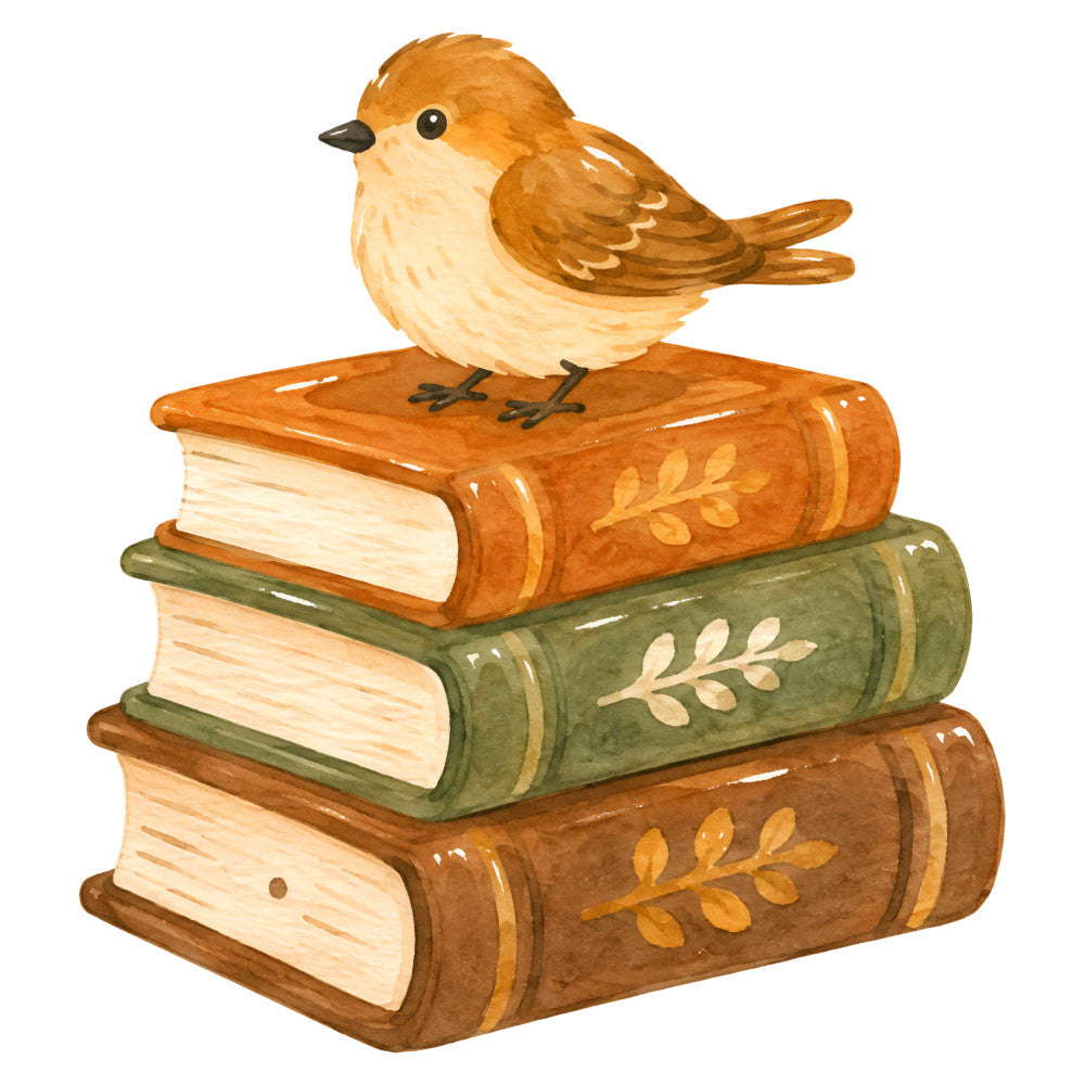 bird, robin, stacked books, library, reading, cream, tan, beige, rust brown, burnt orange, sage green, olive green, tan leather, nature, vintage, literary, whimsical, rustic, elegant, traditional, autumn, fall, leaves, botanical, book lover, intellectual, cozy, cottage core, literary gifts, book themed