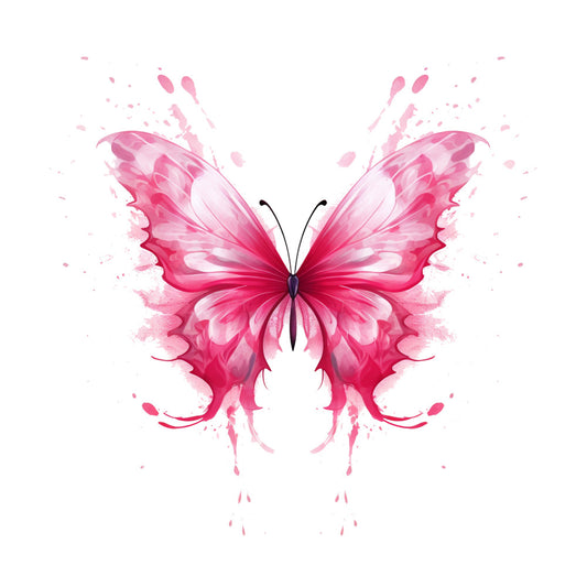 pink butterfly, watercolor style, fabric panel, breast cancer awareness, hot pink, magenta, soft pink, splatter effects, artistic wings, symmetrical design, delicate antennae, flowing design, cancer support, quilting fabric, cotton panel, charitable theme, awareness ribbon colors, feminine colors, graceful butterfly, painterly effect
