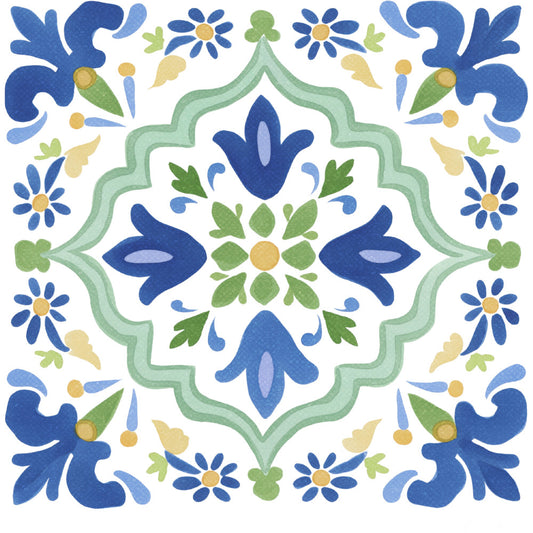 navy blue, forest green, pale green, mint green, golden yellow, cream white, floral, geometric, symmetrical, medallion, damask, traditional, elegant, botanical, leaf motifs, flower petals, daisy, tulip, ornamental, decorative, classic, vintage-inspired, garden, nature-inspired, spring, four-way symmetry, structured pattern, timeless, blue and green, yellow accents