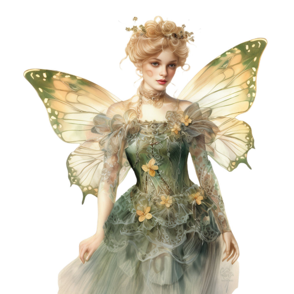 fairy, fairy wings, butterflies, butterfly wings, fantasy, whimsical, enchanted, magical, cream, sage green, pale yellow, gold accents, vintage, romantic, elegant, nature-inspired, garden, flowers, floral, golden yellow flowers, lace details, delicate, ethereal, storybook, fairytale, spring, costume, wings, woodland creature, dreamy