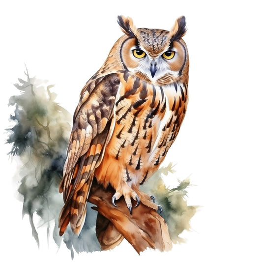 watercolor owl, brown owl, orange feathers, yellow eyes, bird illustration, nature art, wildlife design, fabric panel, quilting cotton, earth tones, russet colors, amber hues, realistic owl, perched bird, woodland creature, artistic watercolor, soft brushstrokes, natural beauty, bird lover, cotton panel