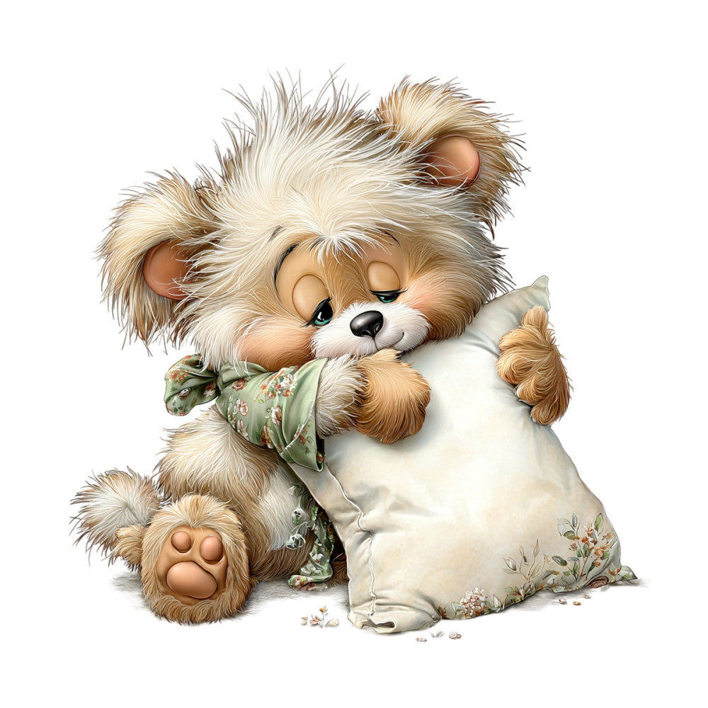 fluffy puppy, cute dog, cream white, tan brown, sage green, floral print, vintage floral, whimsical, children's, baby, nursery, animal theme, dog lover, plush toy style, decorative pillow, wall hanging, baby quilt, kids fabric, sweet, adorable, charming, pastoral, farmhouse style, cottage core, soft colors, embroidered look, playful design, child-friendly, illustrated animals