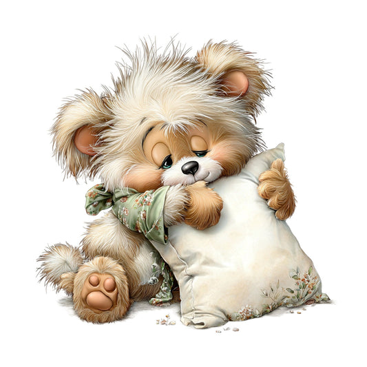 fluffy puppy, cute dog, cream white, tan brown, sage green, floral print, vintage floral, whimsical, children's, baby, nursery, animal theme, dog lover, plush toy style, decorative pillow, wall hanging, baby quilt, kids fabric, sweet, adorable, charming, pastoral, farmhouse style, cottage core, soft colors, embroidered look, playful design, child-friendly, illustrated animals