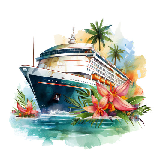 cruise ship, tropical paradise, turquoise water, coral pink flowers, palm trees, navy blue hull, white deck, orange sunset, watercolor style, vacation theme, fabric panel, quilting cotton, ocean waves, tropical blooms, maritime scene, summer vibes, resort atmosphere, hibiscus flowers, coastal design, travel motif