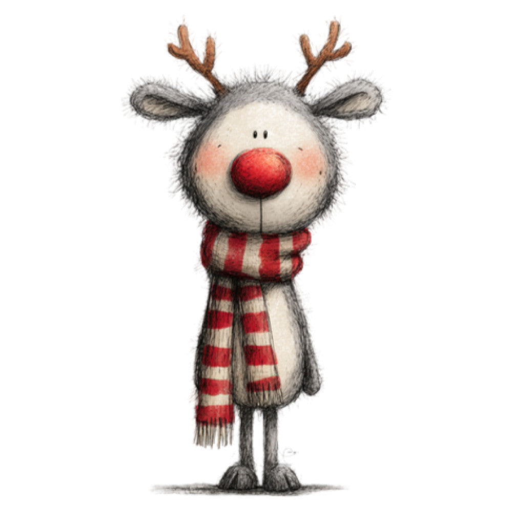 reindeer, red nose, christmas, holiday, winter, festive, plaid scarf, red and white, gray, cream, whimsical, cute animals, children, nursery, rudolf, striped scarf, cheerful, seasonal, decorative, textile art, rustic holiday, traditional christmas, holiday decoration, winter wear, character design, playful, merry, festive cheer, holiday themed, adorable creatures