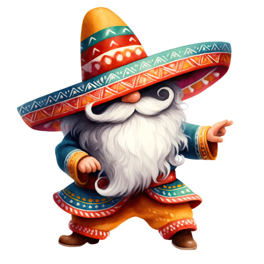 mexican gnome, sombrero, colorful patterns, orange, teal, red, white beard, mustache, geometric designs, festive clothing, fabric panel, quilting cotton, whimsical character, folk art style, bright colors, decorative stripes, cheerful gnome, mexican theme, craft fabric, cotton panel