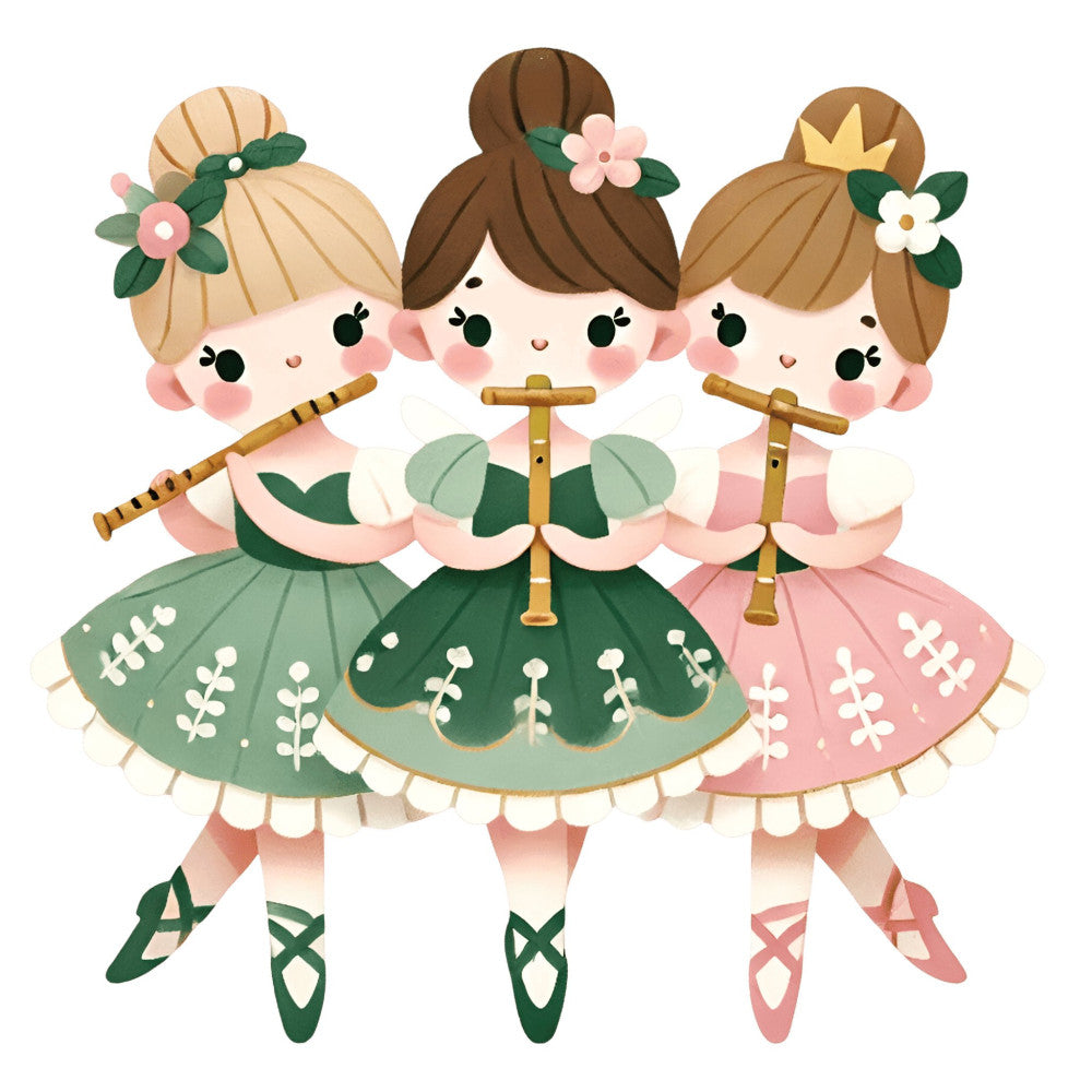 whimsical, children's, girls, fairy tale, ballet dancers, flute players, musical instruments, sage green, forest green, dusty rose, coral pink, cream, ivory, flowers, floral, botanical, nature, spring, sweet, feminine, vintage-inspired, storybook, illustration art, dancing figures, character panel, nursey, playful, enchanted