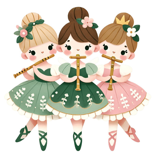 whimsical, children's, girls, fairy tale, ballet dancers, flute players, musical instruments, sage green, forest green, dusty rose, coral pink, cream, ivory, flowers, floral, botanical, nature, spring, sweet, feminine, vintage-inspired, storybook, illustration art, dancing figures, character panel, nursey, playful, enchanted
