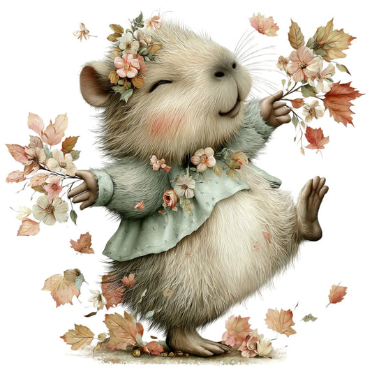 cute animal, fluffy creature, whimsical, autumn, fall leaves, sage green, cream, beige, dusty rose, coral pink, woodland, nature themed, forest animal, playful, children's, baby quilt, nursery, woodland creature, floral design, wildflowers, daisies, botanical, vintage style, rustic charm, seasonal, autumn leaves, nature lover, storybook, illustrated, charming