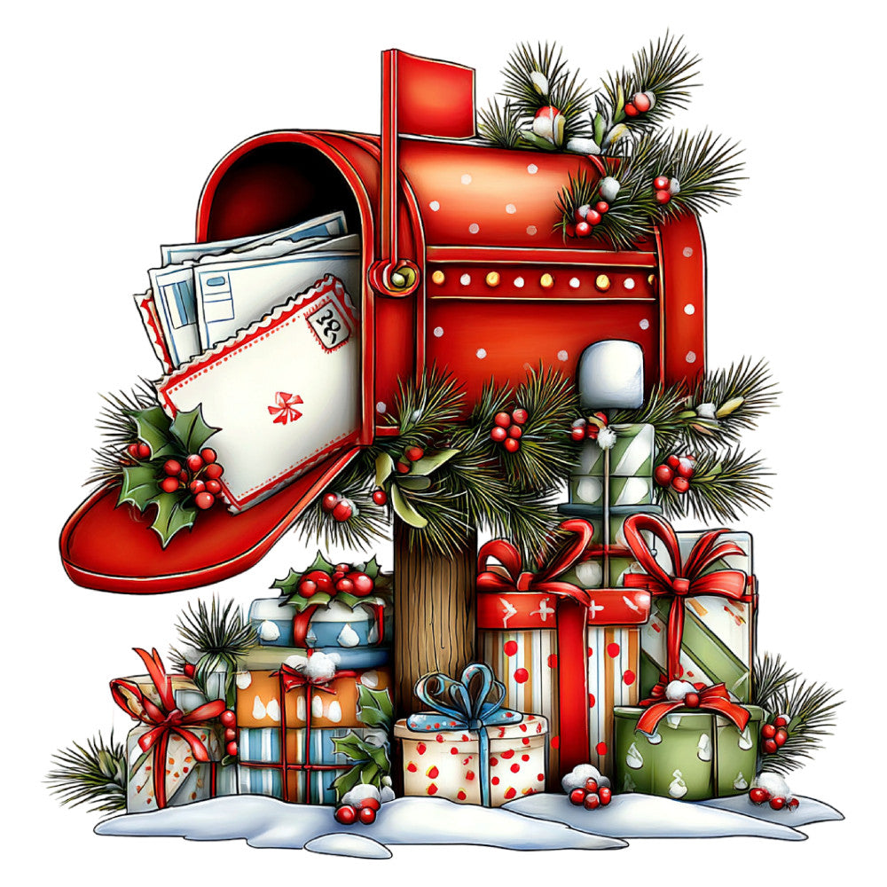 red mailbox, christmas, holiday, festive, evergreen, holly berries, pine branches, gift boxes, presents, ribbons, bows, snow, winter, postal mail, letters, red and white, cream, gold accents, traditional, vintage, whimsical, decorative, seasonal, christmas cards, shipping theme, nostalgic, red mailbox panel, holiday decor, christmas fabric, winter scene