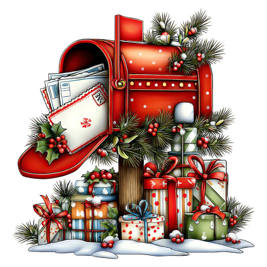 red mailbox, christmas, holiday, festive, evergreen, holly berries, pine branches, gift boxes, presents, ribbons, bows, snow, winter, postal mail, letters, red and white, cream, gold accents, traditional, vintage, whimsical, decorative, seasonal, christmas cards, shipping theme, nostalgic, red mailbox panel, holiday decor, christmas fabric, winter scene