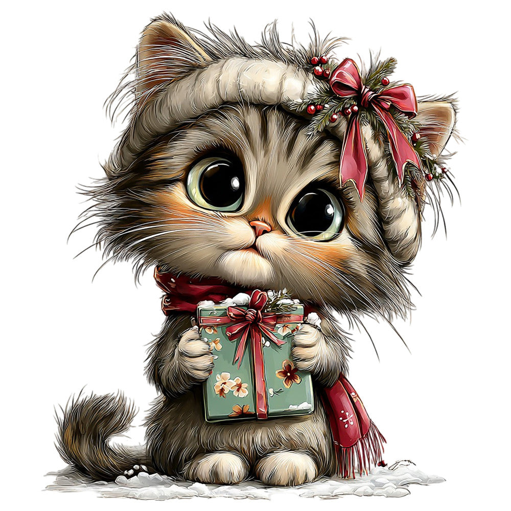 cat, kitten, animal, holiday, christmas, festive, winter, cute, whimsical, tabby cat, gift box, present, red ribbon, bow, floral, wreath, berries, green, cream, tan, beige, forest green, burgundy red, gold accents, traditional, seasonal, pet lover, children's, playful, decorative