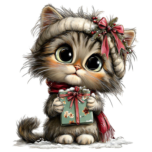 cat, kitten, animal, holiday, christmas, festive, winter, cute, whimsical, tabby cat, gift box, present, red ribbon, bow, floral, wreath, berries, green, cream, tan, beige, forest green, burgundy red, gold accents, traditional, seasonal, pet lover, children's, playful, decorative