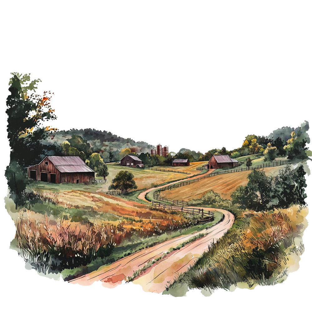 watercolor painting, rural landscape, farm scene, country road, red barns, rolling hills, autumn colors, green foliage, golden fields, wooden fences, pastoral scene, fabric panel, quilting cotton, earth tones, rustic charm, countryside view, seasonal landscape, farming community, winding path, natural scenery