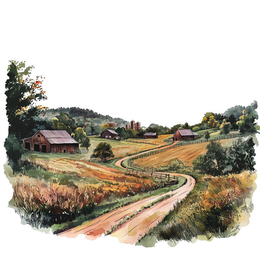 watercolor painting, rural landscape, farm scene, country road, red barns, rolling hills, autumn colors, green foliage, golden fields, wooden fences, pastoral scene, fabric panel, quilting cotton, earth tones, rustic charm, countryside view, seasonal landscape, farming community, winding path, natural scenery