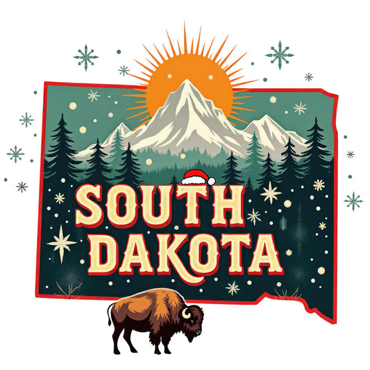 Christmas US States Fabric Panel 10 featuring South Dakota with mountains, pine trees, snowflakes, and a bison in festive design.