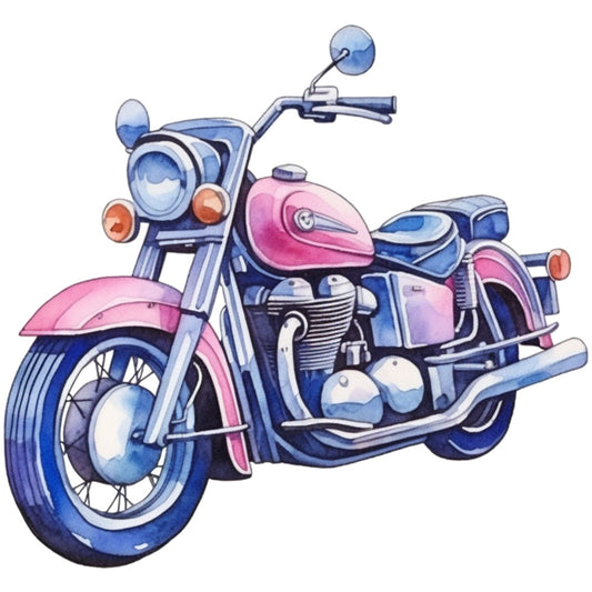 motorcycle, vintage bike, pink, blue, chrome, watercolor style, retro vehicle, transportation, fabric panel, quilting cotton, cruiser motorcycle, pastel colors, silver accents, orange details, spoked wheels, engine, handlebars, nostalgic, artistic illustration