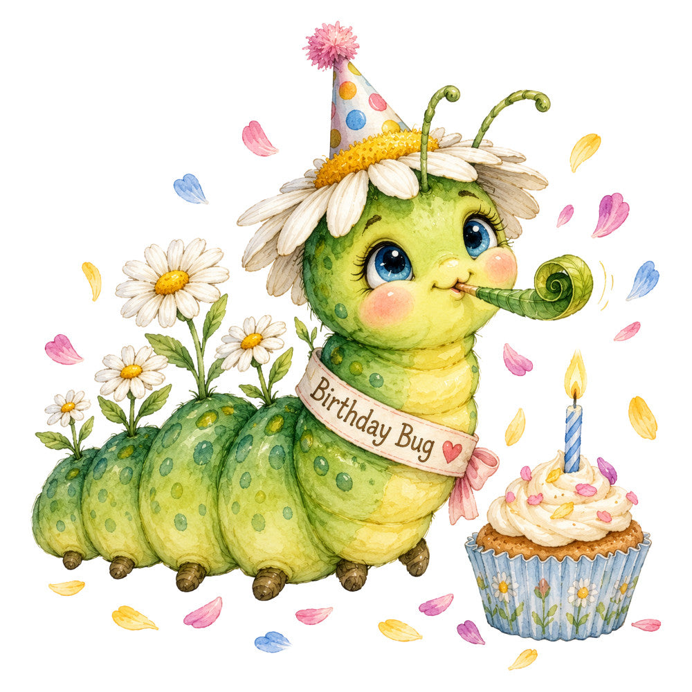 birthday bug, caterpillar, lime green, cream white, yellow, pink, blue, floral, daisies, party hat, cupcake, whimsical, cute, children, baby, spring, birthday theme, nature, insects, celebration, cheerful, colorful, pastels, garden, flowers, candle, festive, playful, illustration art style