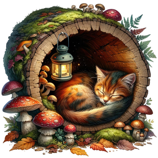 forest green, burnt orange, cream, deep red, burgundy, calico cat, sleeping cat, mushrooms, red mushrooms, toadstool, ferns, autumn leaves, moss, woodland, nature, whimsical, fantasy, storybook, lantern, cozy, rustic, cottage core, magical forest, forest animals, enchanted, autumn, fall, children's, nursery, adventure