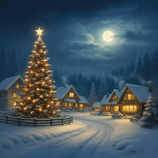 winter landscape, christmas, holiday, snow, moonlight, full moon, evergreen trees, pine trees, cottage, farmhouse, cozy cabin, starry night, night sky, golden lights, illuminated tree, star topper, snowy scene, rustic, traditional, celestial, cream, ivory, gold, navy blue, deep blue, dark blue, white, warm white, forest, woodland