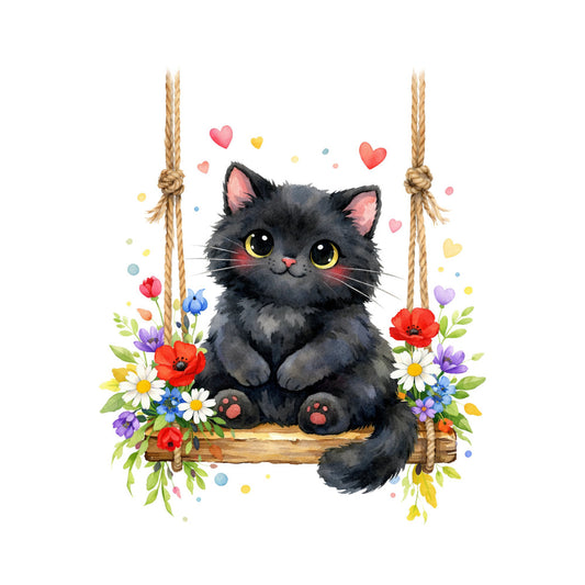black cat, yellow eyes, pink nose, floral, flowers, hearts, love, whimsical, cute, charming, spring, summer, nature, daisy, poppy, purple flowers, red flowers, white flowers, blue flowers, colorful, rope swing, rustic, folk art, cottage core, sweet, playful, animal theme, cat lover, botanical, vibrant colors