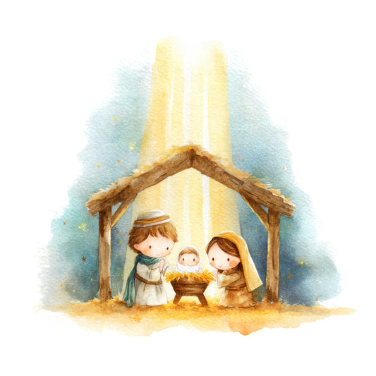 nativity, religious, christmas, baby Jesus, manger, holy night, spiritual, soft pastels, cream, pale yellow, light blue, sage green, gold accents, whimsical, gentle, peaceful, tender, illustration style, watercolor, children's, baby, nursery, religious holiday, winter, nativity scene, joseph and mary, celestial light, stars, divine, reverent