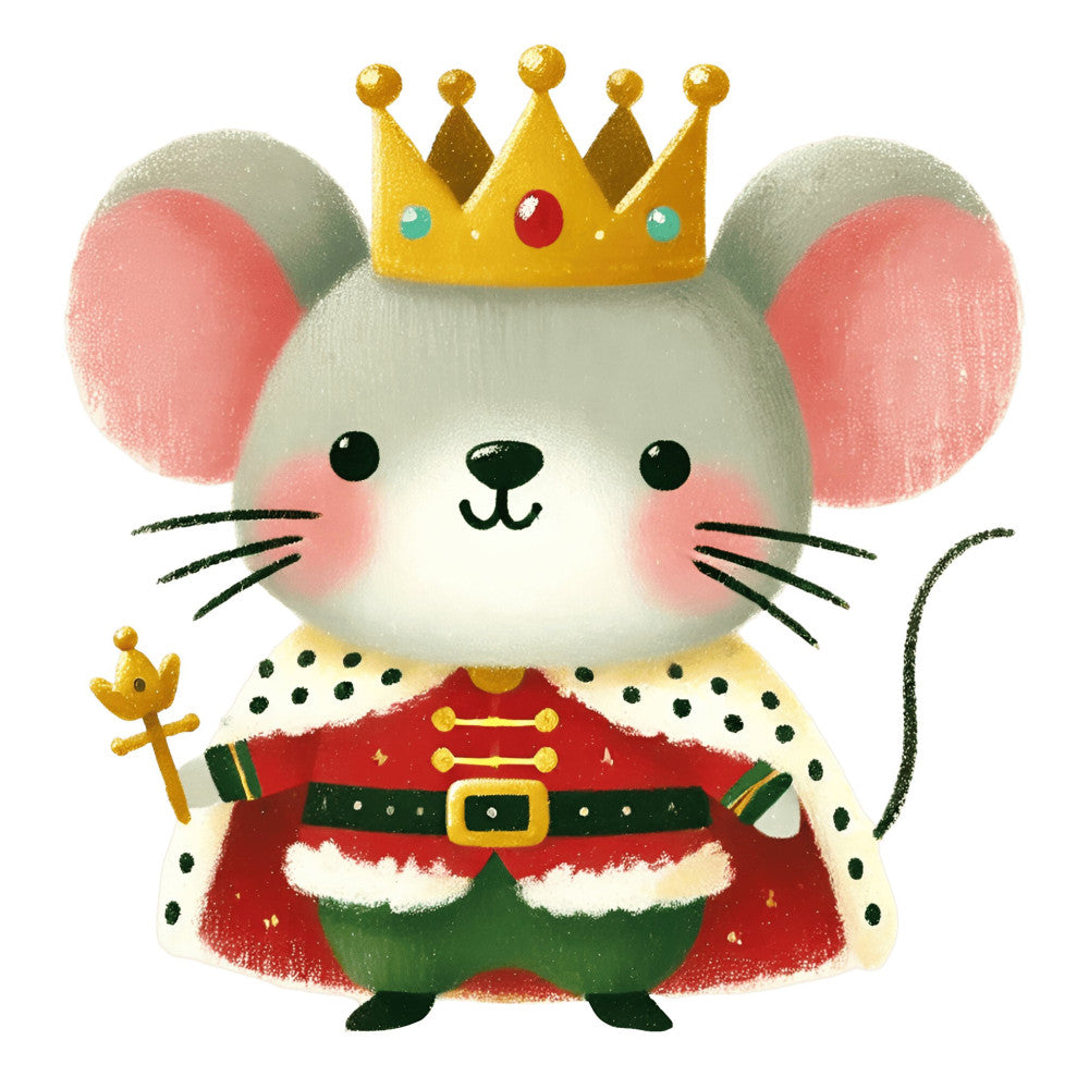 royal mouse, crown, gold, red, green, cream, coral pink, whimsical, animal, holiday, christmas, regal, princess, royal, cute, children, kid-friendly, festive, winter, character, scepter, decorative, portrait, charming, storybook, fantasy, seasonal, costume, majestic, playful