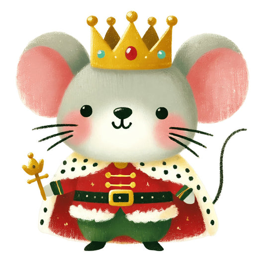 royal mouse, crown, gold, red, green, cream, coral pink, whimsical, animal, holiday, christmas, regal, princess, royal, cute, children, kid-friendly, festive, winter, character, scepter, decorative, portrait, charming, storybook, fantasy, seasonal, costume, majestic, playful