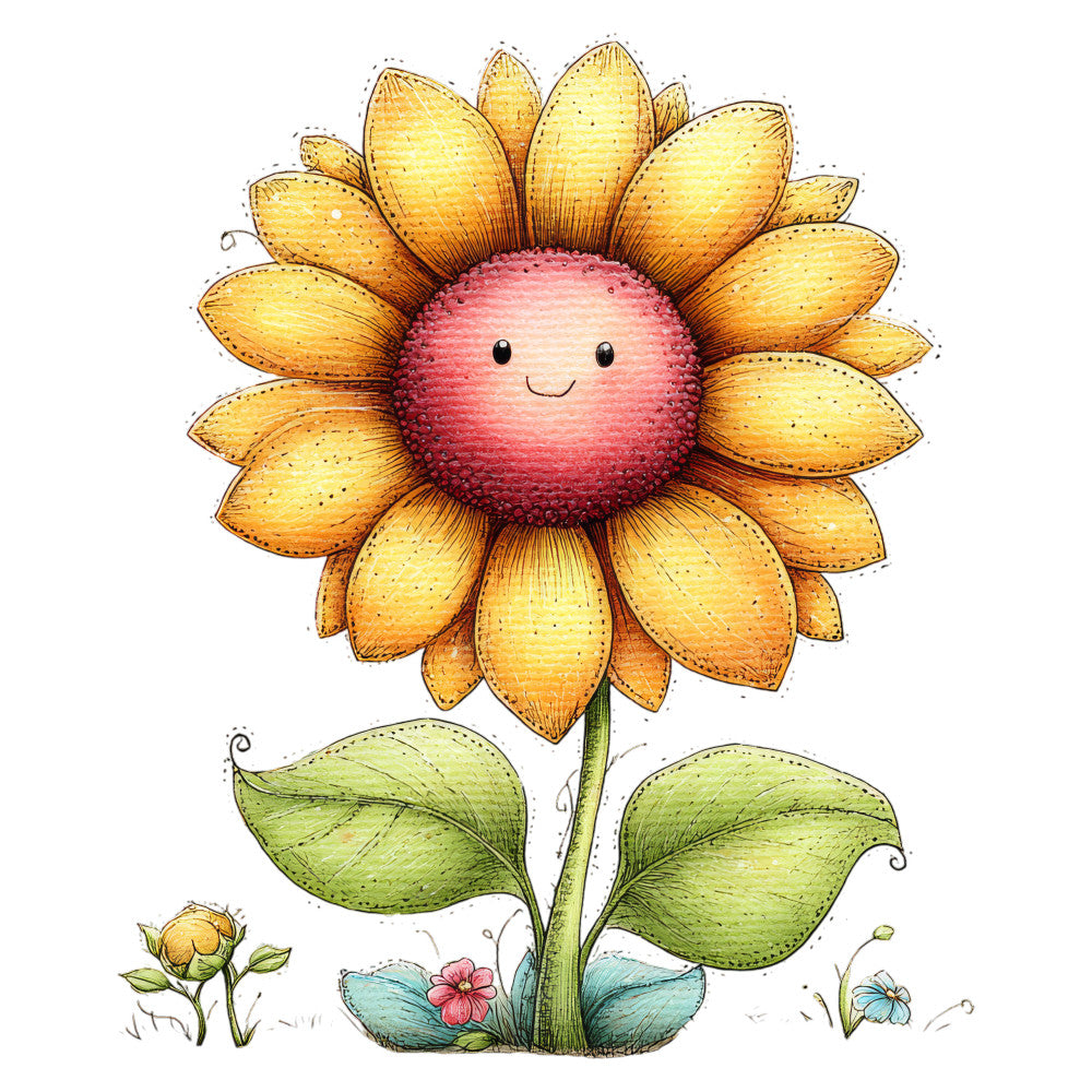 cute sunflower, golden yellow, coral pink, sage green, whimsical, nature themed, children's, baby quilt, spring, summer, smiling face, friendly character, illustrated flower, botanical, charming, playful, bright cheerful, wall hanging, nursery decor, storybook style, daisy-like petals, garden theme, pastels, watercolor effect, decorative panel, kids fabric, enchanted garden, delicate leaves, curling tendrils