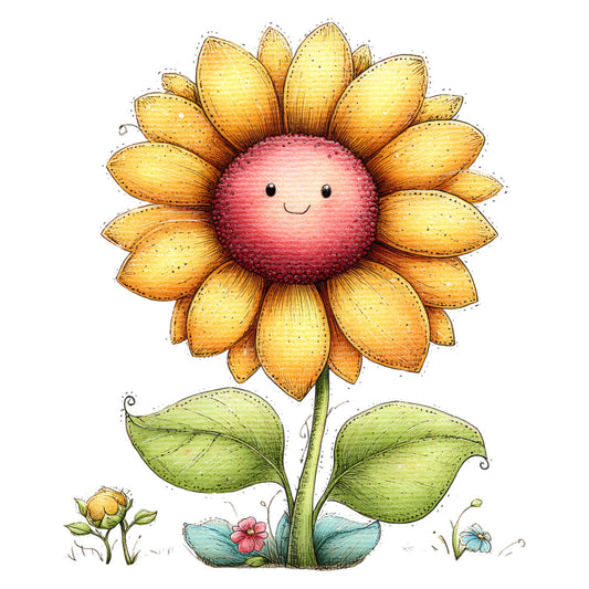 cute sunflower, golden yellow, coral pink, sage green, whimsical, nature themed, children's, baby quilt, spring, summer, smiling face, friendly character, illustrated flower, botanical, charming, playful, bright cheerful, wall hanging, nursery decor, storybook style, daisy-like petals, garden theme, pastels, watercolor effect, decorative panel, kids fabric, enchanted garden, delicate leaves, curling tendrils