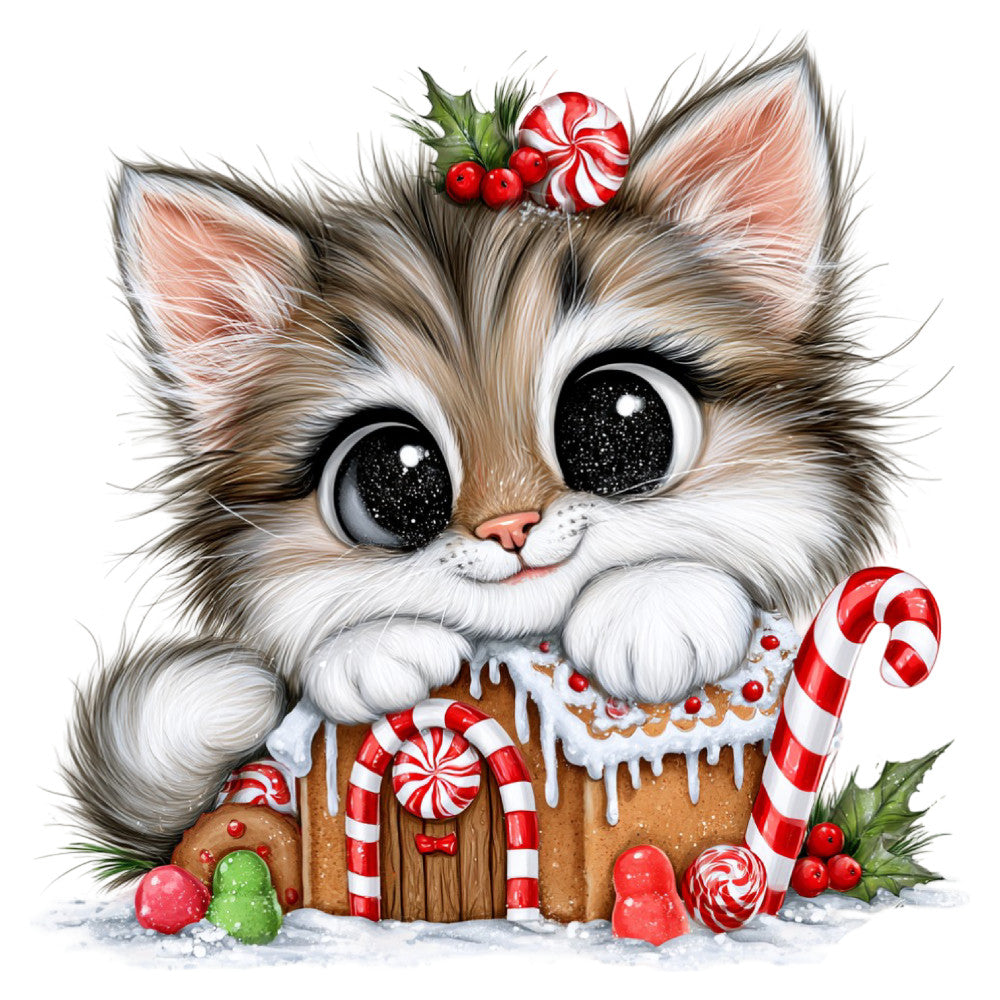 cute kitten, holiday cat, christmas cat, festive feline, gingerbread house, candy canes, peppermint swirls, red and white striped, cream white, warm brown, forest green, holly berries, whimsical animals, holiday theme, christmas theme, winter theme, sweet treats, dessert motif, playful style, charming illustration, big eyes, fluffy fur, seasonal decoration, holiday decor, panel print, novelty print, children's fabric, festive design