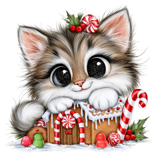 cute kitten, holiday cat, christmas cat, festive feline, gingerbread house, candy canes, peppermint swirls, red and white striped, cream white, warm brown, forest green, holly berries, whimsical animals, holiday theme, christmas theme, winter theme, sweet treats, dessert motif, playful style, charming illustration, big eyes, fluffy fur, seasonal decoration, holiday decor, panel print, novelty print, children's fabric, festive design