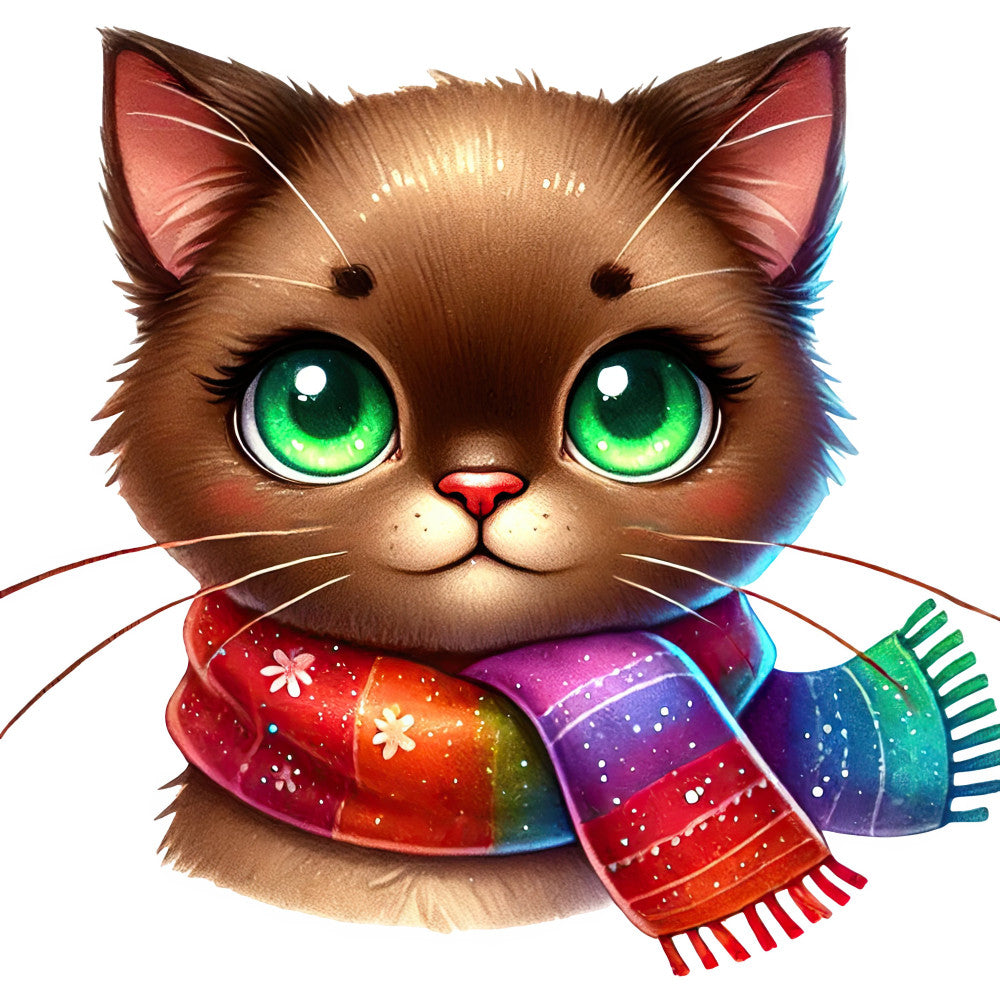 cat, kitten, animal, whimsical, colorful, rainbow, bright, emerald green, forest green, coral pink, red, orange, purple, blue, teal, brown, tan, striped, scarf, cozy, cute, playful, children, kids, festive, cheerful, sparkly, glittery, winter, warm