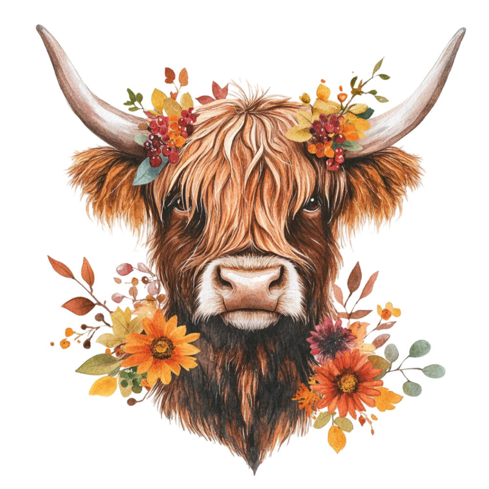 highland cattle, longhorn, rustic farmhouse, autumn, fall, floral, sunflowers, wildflowers, boho, bohemian, burnt orange, rust, cream, golden yellow, deep brown, nature, animals, livestock, farm animals, whimsical, botanical, seasonal, harvest, cottage core, artistic, illustrative, decorative, wall hanging, home decor