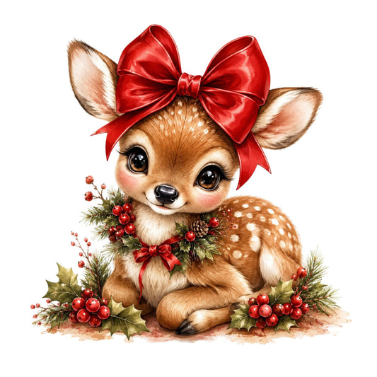 christmas, holiday, deer, fawn, whimsical, cute animals, red bow, festive, holly berries, pinecones, evergreen, winter, seasonal, rust brown, cream white, gold accents, vintage style, gentle, sweet, baby, nursery, children's, decorative panel, wall hanging, cottage core, traditional holiday, red ribbon, nature inspired, woodland, charming