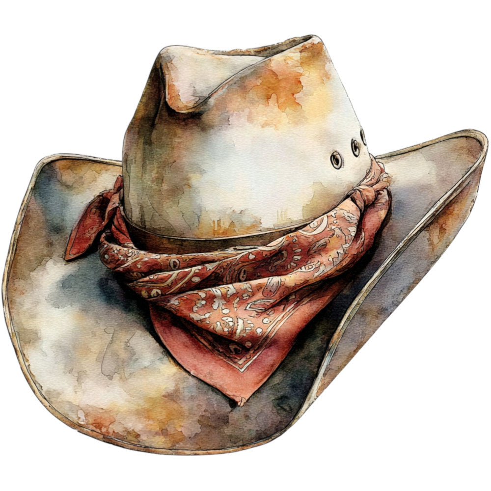 cowboy hat, western, rustic, cream, tan, beige, terracotta, rust red, watercolor, vintage, farmhouse, country, bandana, paisley, folk art, americana, western wear, illustration, traditional, earthy tones, neutral, brown, ochre, autumn, harvest, western theme, horse, ranch