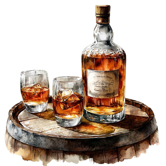 amber, whiskey bottle, bourbon glasses, ice cubes, wooden tray, watercolor style, brown tones, golden hues, glass reflections, cork stopper, fabric panel, quilting cotton, bar scene, spirits theme, rustic charm, warm colors, copper accents, still life, beverage motif, masculine appeal