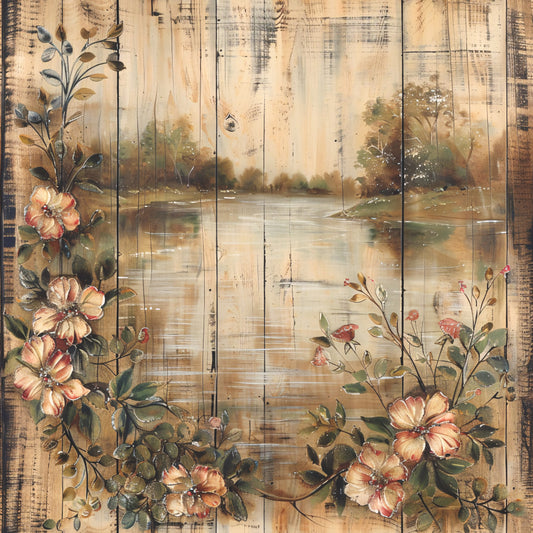 Lake on Rustic Wood Fabric Panel 1