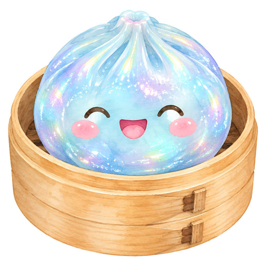 kawaii, cute character, iridescent, pastel blue, soft purple, pale pink, holographic, shimmering, gradient, whimsical, asian-inspired, dim sum, steamer basket, food themed, playful, magical, fantasy, celestial, sparkly, happy face, smiling character, dreamy, illustration, children's, kid-friendly, modern, decorative, novelty, unique design