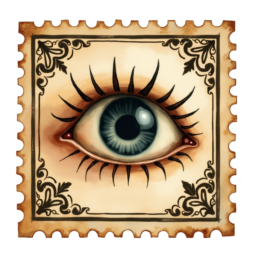 Halloween Postage Stamps Fabric Panel 15 featuring a vintage blue eye illustration with decorative black corner designs on aged beige background.