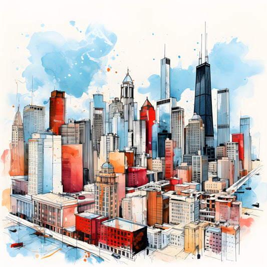 skyline, chicago, urban, cityscape, architecture, watercolor, blue, red, orange, coral, navy, cream, white, modern, contemporary, artistic, abstract, buildings, skyscrapers, waterfront, city scene, metropolitan, illustration, painted, splatter, ink wash, home decor, wall art, large scale print