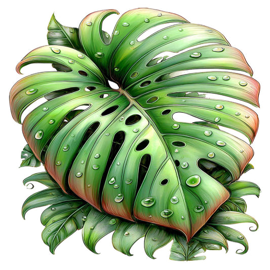 lime green, sage green, forest green, chartreuse, moss green, coral pink, terracotta, botanical, nature, tropical, monstera, leaves, foliage, leaf pattern, water droplets, dew drops, whimsical, modern botanical, contemporary nature, summer, spring, home decor, wall hanging, decorative panel, artistic, illustrative, detailed botanical art