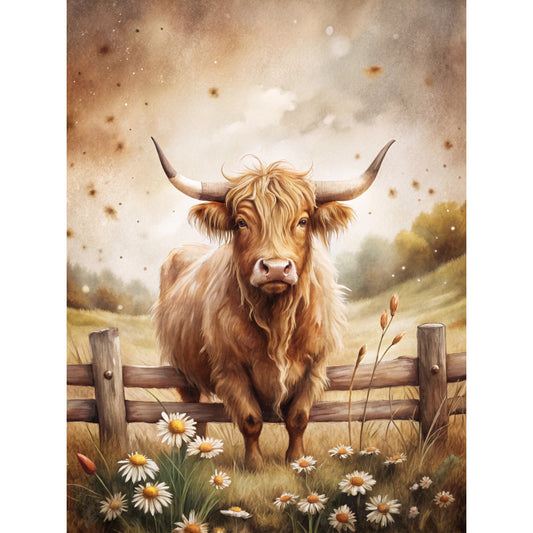 highland cow, brown tones, golden hues, cream colors, pastoral scene, wooden fence, daisies, wildflowers, rolling hills, cloudy sky, rustic countryside, farm animal, long shaggy hair, horned cattle, meadow setting, fabric panel, quilting cotton, nature scene, peaceful mood, watercolor style