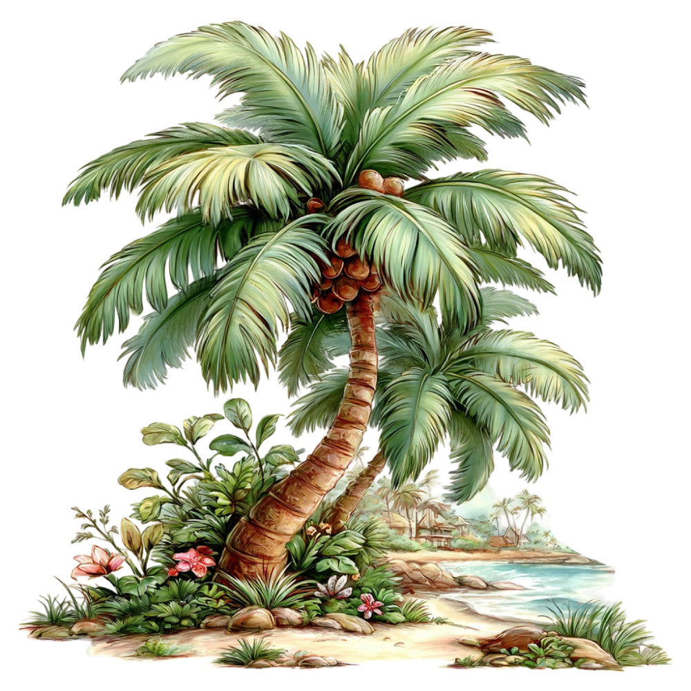 tropical, palm tree, coconut palm, beach scene, coastal, island, flowers, pink flowers, coral pink, sage green, olive green, cream, sandy beige, brown trunk, nature, botanical, scenic landscape, whimsical, vintage botanical, summer, tropical plants, exotic, paradise, seaside, watercolor style, floral border, decorative panel, landscape scene, nursery, adventure theme