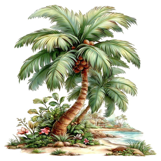 tropical, palm tree, coconut palm, beach scene, coastal, island, flowers, pink flowers, coral pink, sage green, olive green, cream, sandy beige, brown trunk, nature, botanical, scenic landscape, whimsical, vintage botanical, summer, tropical plants, exotic, paradise, seaside, watercolor style, floral border, decorative panel, landscape scene, nursery, adventure theme