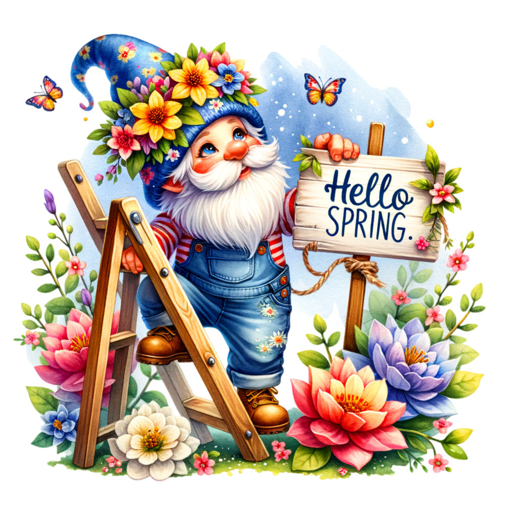 spring gnome, garden gnome, blue hat, floral crown, white beard, wooden ladder, hello spring sign, butterflies, colorful flowers, denim overalls, striped shirt, pink flowers, purple blooms, yellow daisies, green leaves, whimsical illustration, fabric panel, quilting cotton, cheerful design, spring theme, magical character