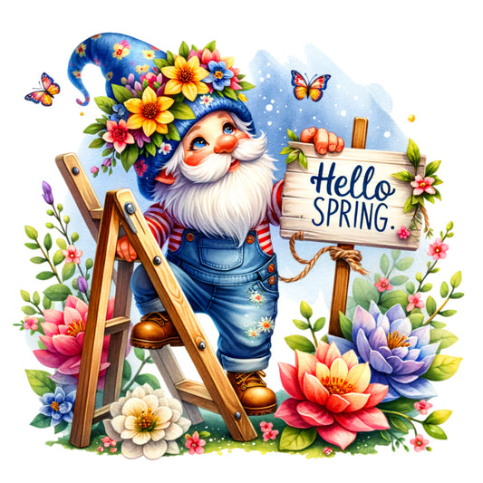 spring gnome, garden gnome, blue hat, floral crown, white beard, wooden ladder, hello spring sign, butterflies, colorful flowers, denim overalls, striped shirt, pink flowers, purple blooms, yellow daisies, green leaves, whimsical illustration, fabric panel, quilting cotton, cheerful design, spring theme, magical character