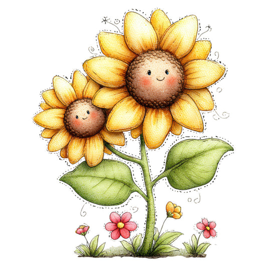 sunflower, golden yellow, brown, sage green, coral pink, whimsical, cute, floral, nature, botanical, smiling flowers, character faces, spring, summer, children, kids, baby quilt, wall hanging, cheerful, playful, friendly, daisy, decorative flowers, illustration style, charming, sweet, pastoral, garden theme